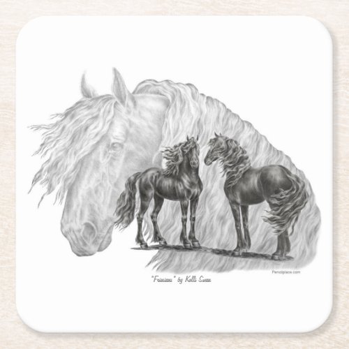 Black Friesian Horses Manes Tails Square Paper Coaster