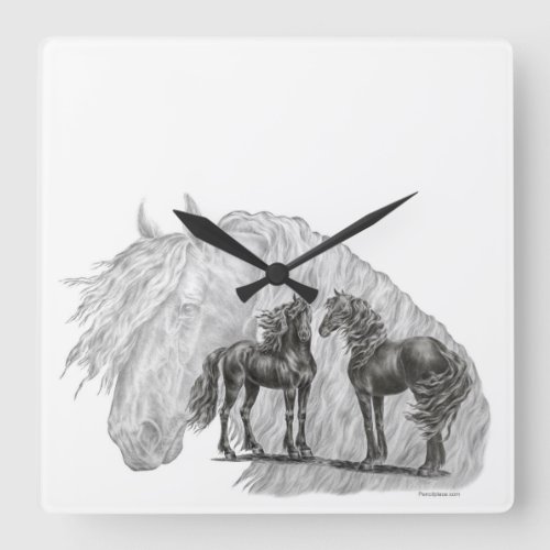 Black Friesian Horses Manes Tails Square Wall Clock