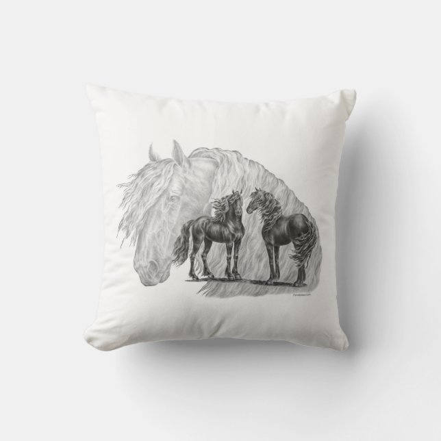 Black Friesian Horses Manes Tails Throw Pillow (Front)