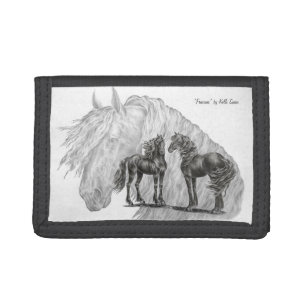 Black Friesian Horses Manes Tails Tri-fold Wallet