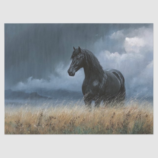 Black Friesian Stallion Dramatic Decoupage Tissue Paper (Front)