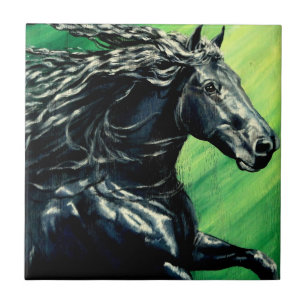 Black Friesian Stallion Horse Ceramic Tile