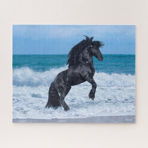 Black Friesian Stallion Rearing In the Sea Jigsaw Puzzle