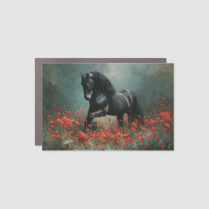 Black Friesian Stallion Red Poppies Car Magnet