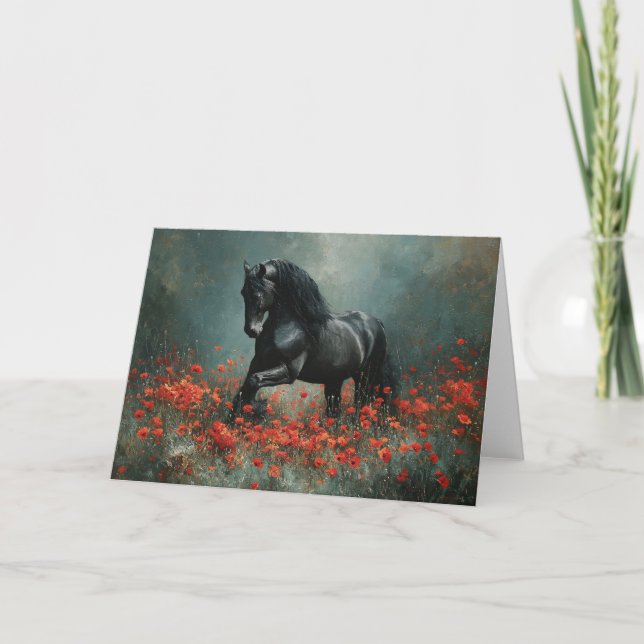 Black Friesian Stallion Red Poppies Card (Front)