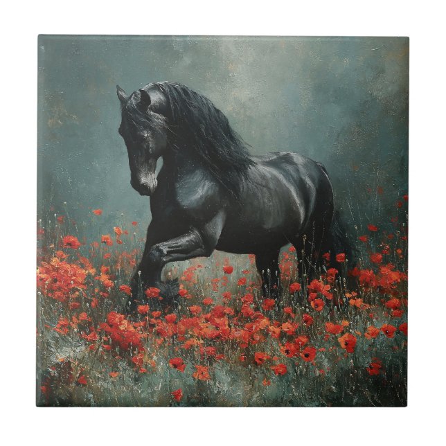 Black Friesian Stallion Red Poppies Ceramic Tile (Front)