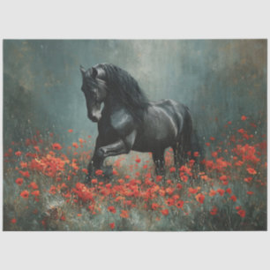 Black Friesian Stallion Red Poppies Decoupage Tissue Paper