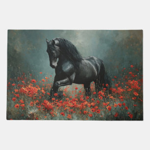 Black Friesian Stallion Red Poppies Doormat