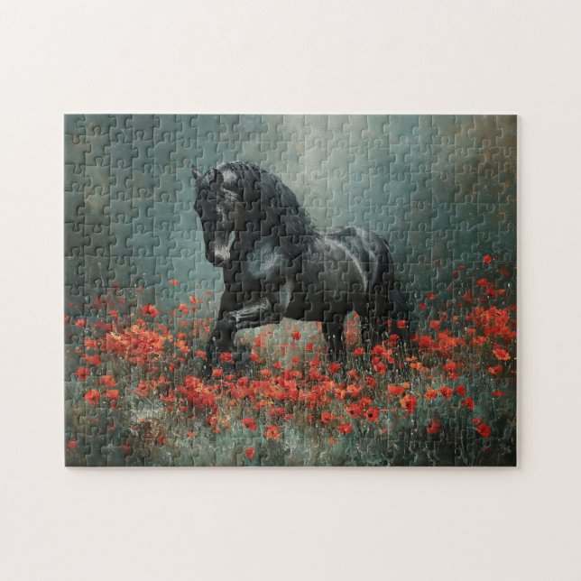 Black Friesian Stallion Red Poppies Jigsaw Puzzle (Horizontal)