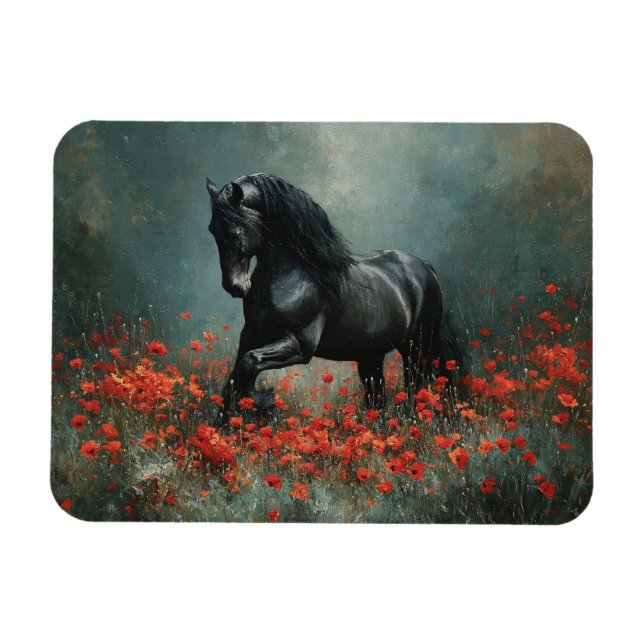 Black Friesian Stallion Red Poppies Magnet (Horizontal)