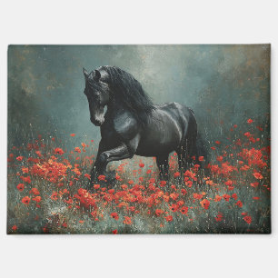 Black Friesian Stallion Red Poppies Magnet