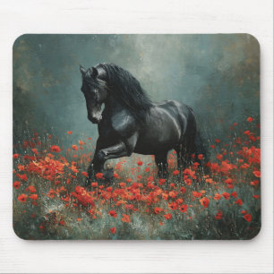 Black Friesian Stallion Red Poppies Mouse Pad