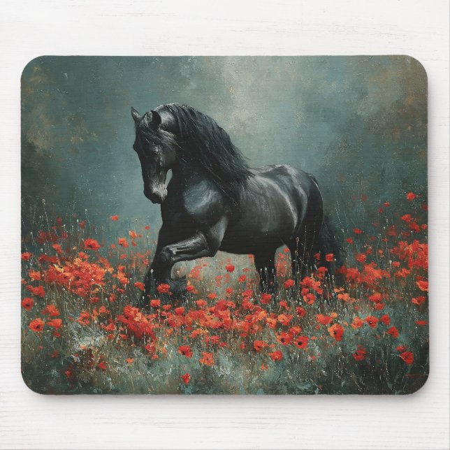 Black Friesian Stallion Red Poppies Mouse Pad (Front)