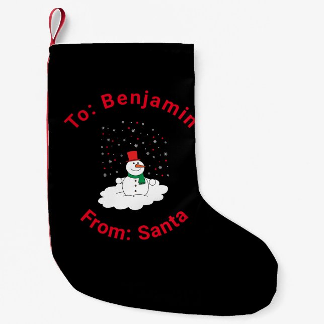 Black From Santa Custom Name Snowman Snowflakes Small Christmas Stocking (Front)