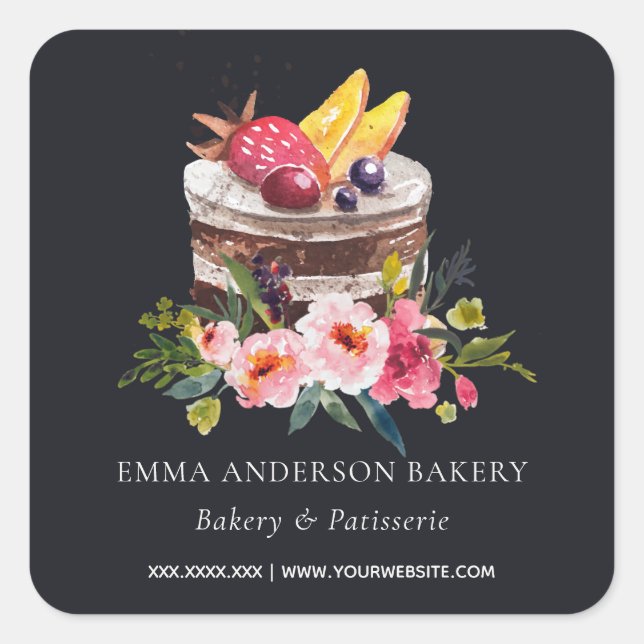BLACK FRUIT FLORAL CAKE PATISSERIE CUPCAKE BAKERY SQUARE STICKER (Front)