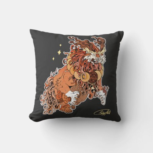 Black Fu Dog Throw Pillow with artist signature 