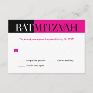 Black Fuchsia Block Bat Mitzvah Reply RSVP Card