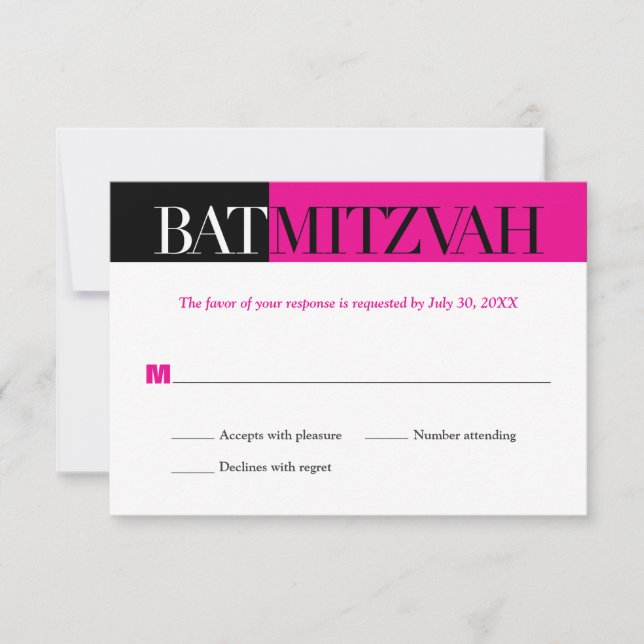 Black Fuchsia Block Bat Mitzvah Reply RSVP Card (Front)