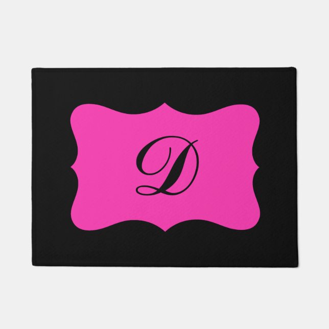 Black Fuchsia Bright Pink Monogram Initial Custom Doormat (Front)