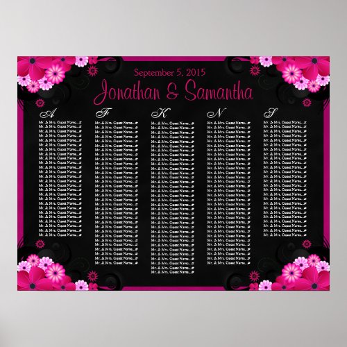 Black Fuchsia Floral Wedding Table Seating Charts