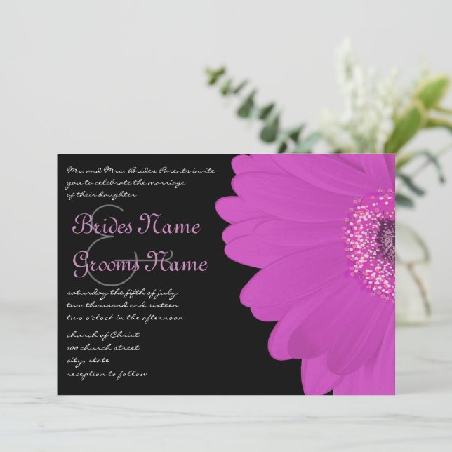 Black & Fuchsia Gerber Daisy Wedding Invitation (Standing Front)