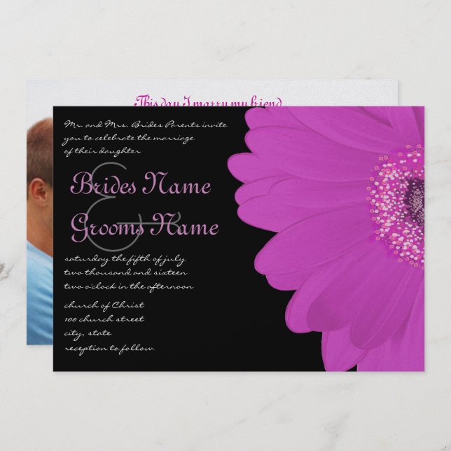 Black & Fuchsia Gerber Daisy Wedding Invitation (Front/Back)