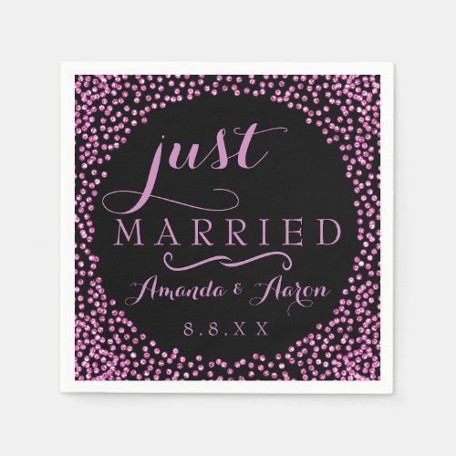 Black Fuchsia Pink Confetti Wedding Just Married Napkins