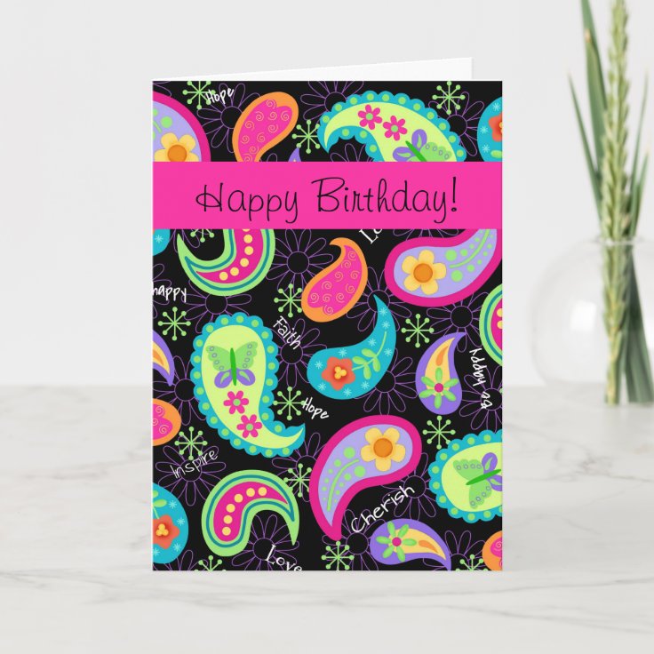 Black Fuchsia Pink Modern Paisley Happy Birthday Card | Zazzle