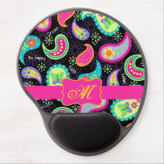 Black Fuchsia Pink Modern Paisley Monogram Gel Mouse Pad