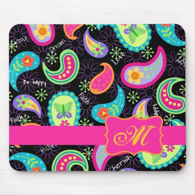 Black Fuchsia Pink Modern Paisley Monogram Mouse Pad (Front)