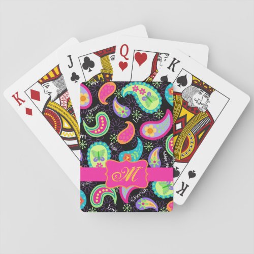 Black Fuchsia Pink Modern Paisley Monogram Poker Cards