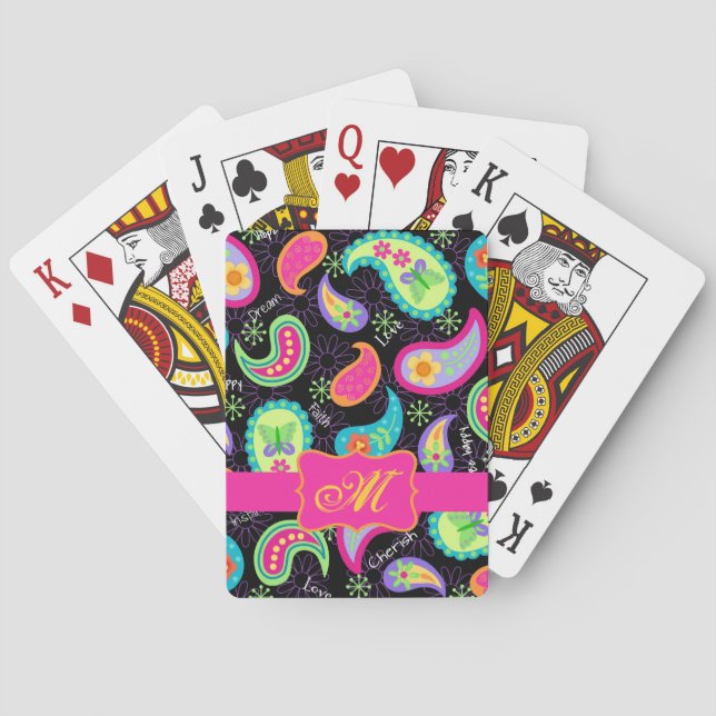 Black Fuchsia Pink Modern Paisley Monogram Poker Cards (Back)