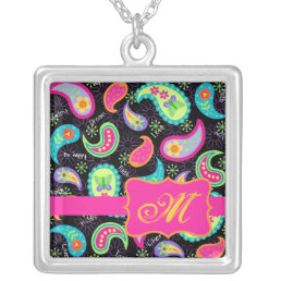 Black Fuchsia Pink Modern Paisley Monogram Silver Plated Necklace