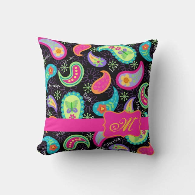 Black Fuchsia Pink Modern Paisley Monogram Throw Pillow (Front)