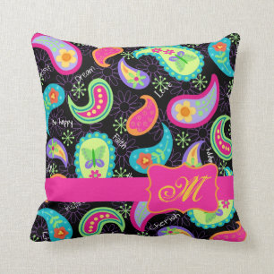 Black Fuchsia Pink Modern Paisley Monogram Throw Pillow