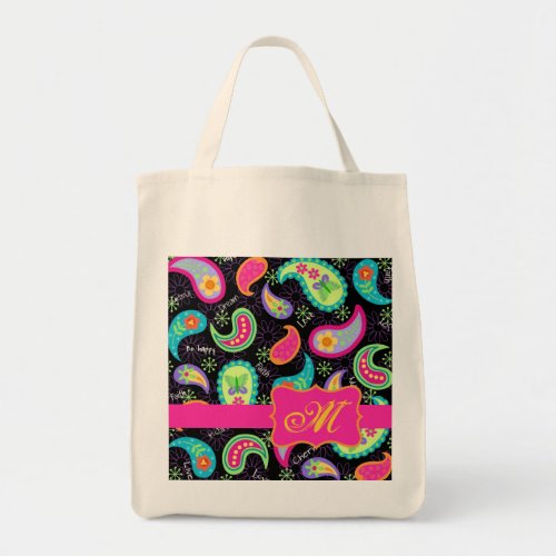 Black Fuchsia Pink Modern Paisley Monogram Tote Bag