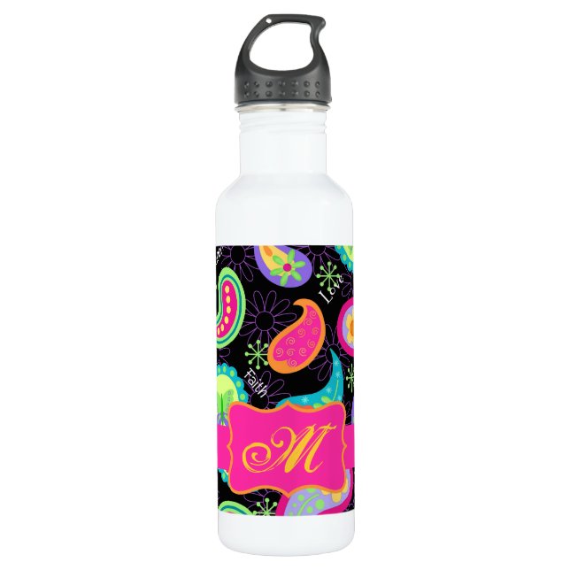 Black Fuchsia Pink Modern Paisley Monogram Water Bottle (Front)