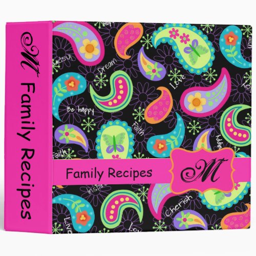 Black Fuchsia Pink Modern Paisley Pattern Monogram Binder