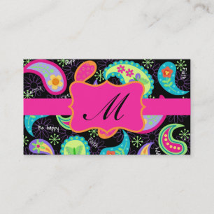 Black Fuchsia Pink Modern Paisley Pattern Monogram Business Card