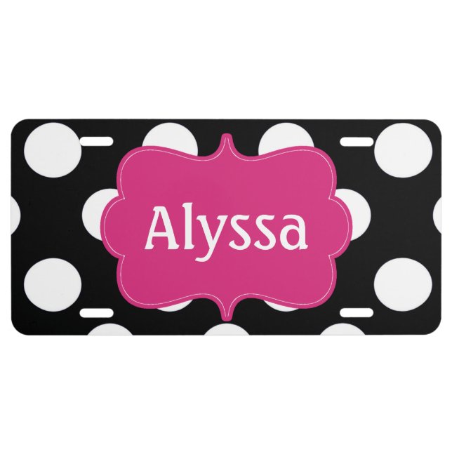 Black Fuchsia Polka Dots Personalized License Plate (Front)