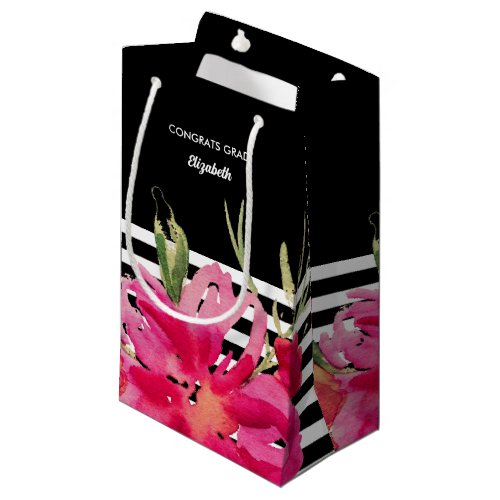 Black  Fuchsia Watercolor Floral Graduation  Small Gift Bag