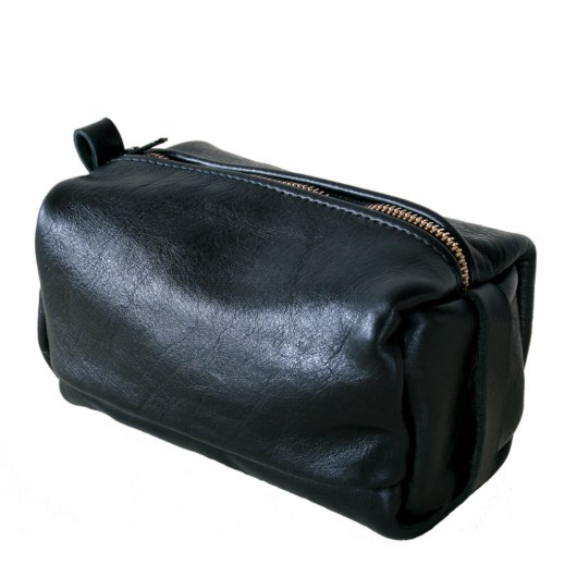 Black Full Grain Italian Leather Dopp Kit (Front Left)