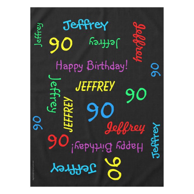 Black FUN 90th Birthday Party, Repeating Names Tablecloth (Front)
