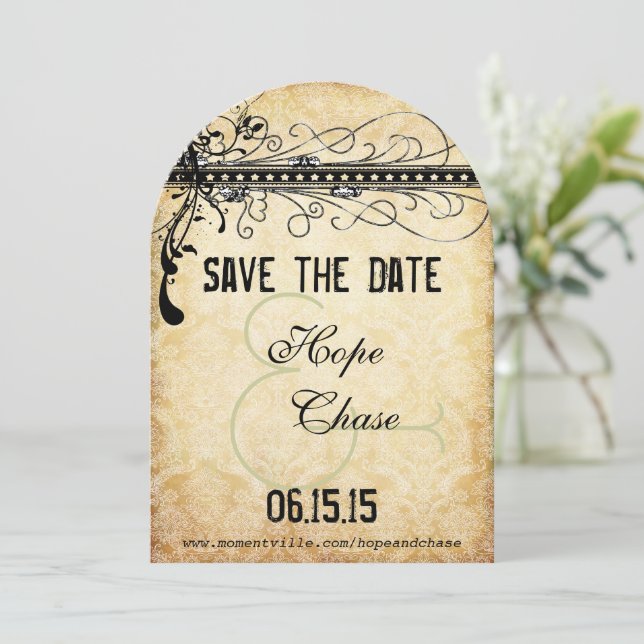 Black Funky Damask Swirls Wedding Save the Date (Standing Front)