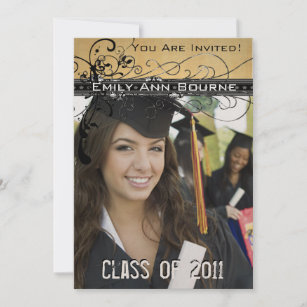 Black Funky Elegant Swirls Graduation Invite