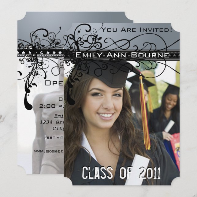 Black Funky Elegant Swirls Graduation Invite (Front/Back)