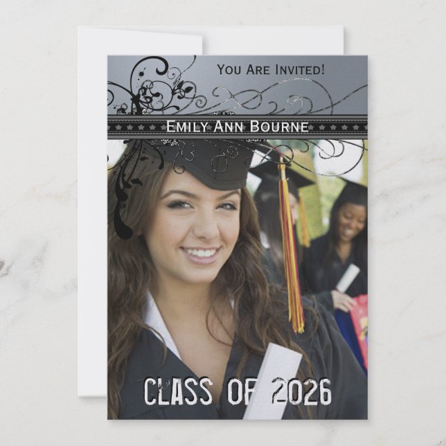 Black Funky Elegant Swirls Graduation Invite (Front)