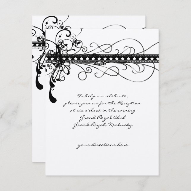 Black Funky Elegant Swirls Wedding Invitation (Front/Back)
