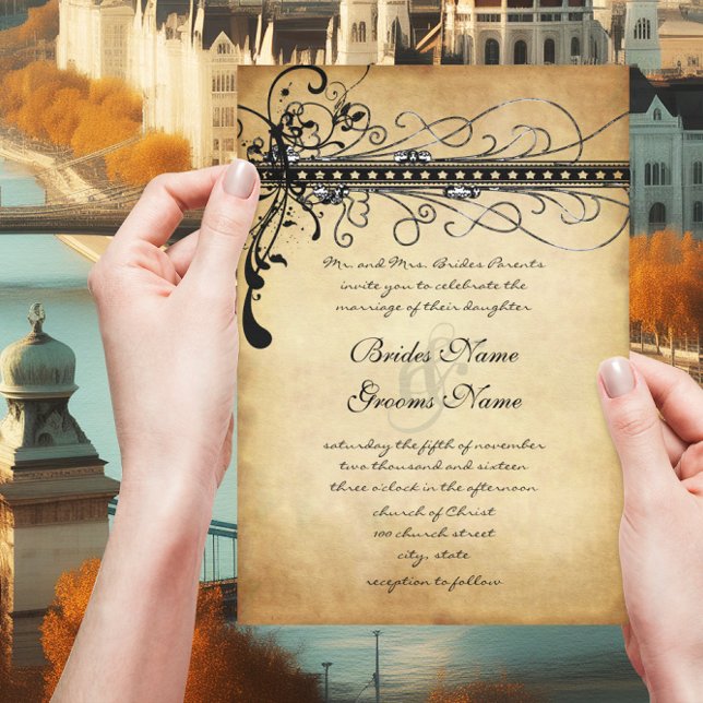 Black Funky Elegant Swirls Wedding Invitations (Creator Uploaded)