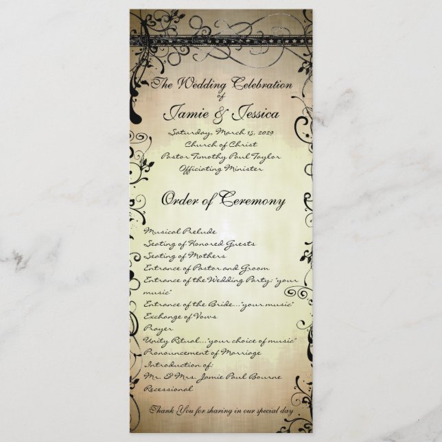 Black Funky Elegant Swirls Wedding Program (Front)